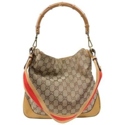 Gucci Brown Guccissima Print & Camel Leather Sarah Flip Top Two Way w Red & Gold Strap & Bamboo: For sale is a unique, Gucci, large, 'Sarah Flip- Top', brown large G logo print canvas and camel leather, two-way- hobo style satchel with a bamboo and red/camel striped detachable strap! It is a uniq