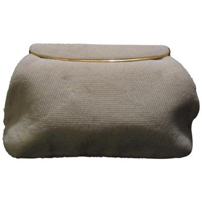 Gucci Vintage Iridescent Pearl Seed Bead With A Hinged Top White Plastic Clutch: For sale is a rare, 1960's, AMAZING, Gucci, mod, pearly seed bead, hinged opening, clutch style purse with a sleek linear, gold and beaded, latch top clasp, ivory satin interior, and hand mirror with 