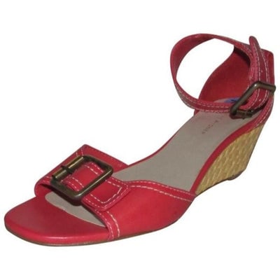 Etienne Aigner Salmon Pink Wedge Sandals with White Stitching: For sale is a pair of Etienne Aigner 'Griffon' style, NWT, salmon pink with white contrast stitching, size 7.5, ankle wrap, 2.5" wedge heel style sandals with woven jute sole wedges and brass hardware