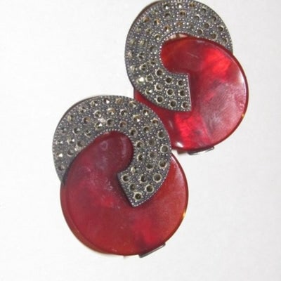 Art Deco Judith Jack Marcasite and Red Prystal Bakelite in Sterling Silver Clip On Earrings: For sale is a pair of Judith Jack, marcasite and red prystal Bakelite in sterling silver, AMAZING, chunky, substantial, clip on back earrings with an Art Deco geometric design! This modern, Art Deco i
