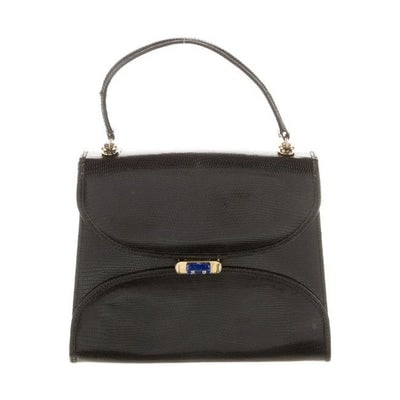 1960's Gucci black lizard top handle Kelly bag w blue lapis clasp: For sale is a 1960's mod Gucci, unique, glossy black lizard skin leather, top handle Kelly style bag with a beautiful, blue, lapis lazuli accent at the clasp, an envelope top closure, a hidden pocket 