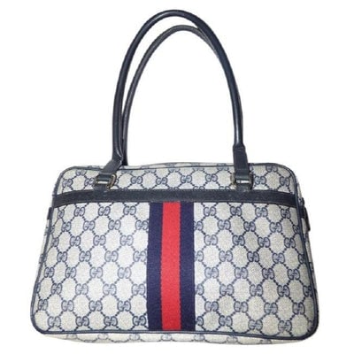 Gucci Guccissima Print Coated Canvas Leather Top Handle Navy G Logo Red Blue Stripe: For sale is an authentic, vintage, Gucci, extra large, navy blue, Guccissima print coated canvas and navy leather, mod, doctor's satchel/ Boston bag with wide red and blue center stripe and exterior p