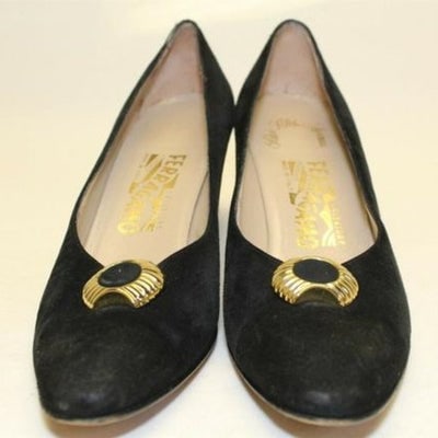 Salvatore Ferragamo black suede kitten Heels with round, scalloped gold and enamel, buckle accents! (1 of 4)