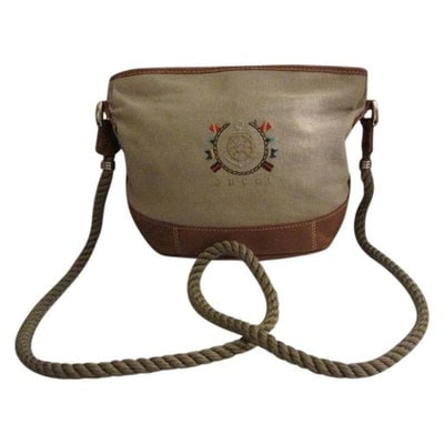 Gucci Vintage Pursesdesigner Purses Stone Colored Fabric And Brown Leather With Multi Colored Nautic: For sale is a unique, 1970's- 1980's, retro, Gucci, stone colored fabric and camel colored leather, petite, cross body or shoulder, bucket shaped handbag with a multicolored embroidered Gucci nautical