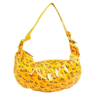 Bottega Veneta Vintage Pursesdesigner Purses Red And Black Butterfly Print On Yellow Glossy With Yel: For sale is a high- end bohemian, vintage, RARE, Bottega Veneta, red and black butterfly print on yellow glossy with yellow leather, classic hobo style shoulder purse with a yellow leather strap! It i