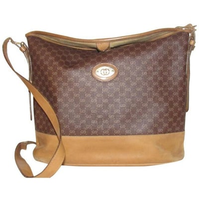 Gucci Camel Micro Logo Print On Brown Leather Bucket Bag: For sale is an unusual, Gucci, camel micro Guccissima print on brownish burgundy coated canvas & camel leather, large, bucket style satchel with gold hardware and a unique, folding, top snap closu