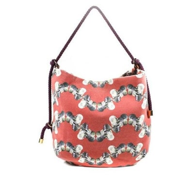 Missoni Red Canvas & Brown Leather Bag With Blue Grey & White Abstract Shell Print: For sale is an AMAZING, Missoni, red canvas with blue, grey, and white abstract shell print and brown leather, XL hobo style shoulder bag with a unique knotted strap and gold hardware! This is a gorge