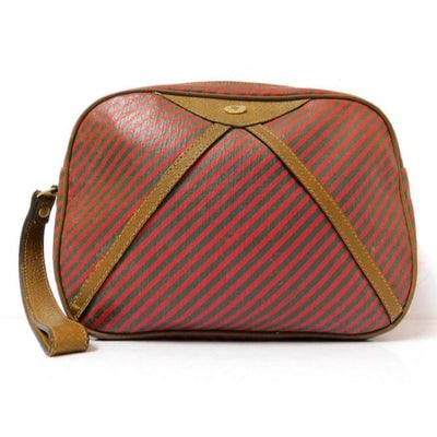 Gucci, red & green striped logo print coated canvas and brown leather clutch purse: For sale is a vintage, rare, Gucci, red and green striped logo print coated canvas and brown leather, zip top, clutch purse from the Gucci Accessory Collection with a zip top closure, leather wrist st