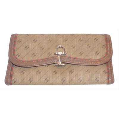 Gucci Link Logo Print Browns Vintage Wallet: For sale is an authentic, Gucci, brown coated canvas, tri-fold style wallet in figure 8 look anniversary collection logo with horse-bit closure & red/green trim! A great looking, classic wallet with a