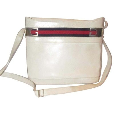 Gucci White Hard Boxy Leather Bucket Bag w red/blue stripe: For sale is a RARE, early, Gucci, large, white leather, structured, bucket shaped, satchel/cross body/shoulder style bag with a red and blue Sherry striped accent at the top, gold G accents, and a top