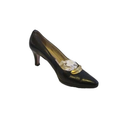 Bally Midnight Blue Navy Leather MANERBE Pumps Goldtone Accent (1 of 4)
