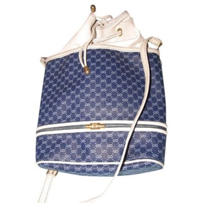 Gucci White Micro Guccissima Print on Blue Leather Bucket Bag w Nautical Look: ONE OF A KIND STYLE! * For sale is a RARE, Gucci, white micro Guccissima print on navy coated canvas and white leather, large, unusual, drawstring top bag where the leather drawstring top is attached 