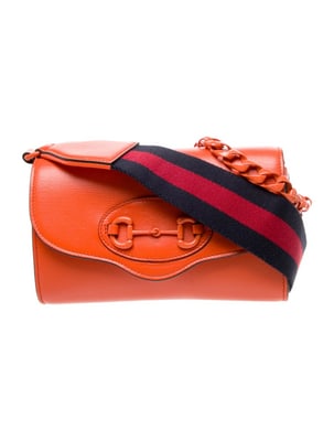 Gucci Orange Leather 1955 Horse-bit Cross body w Sylvie Web Strap: Description:Gucci Crossbody BagOrange Leather1955 Horse-bit Accent & Sylvie Web AccentGold-Tone & Tonal HardwareFlat Handles & Single Adjustable Shoulder StrapStudded & Chain-Link