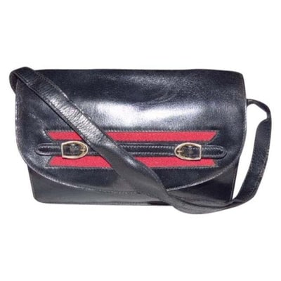 Gucci, black, glossy leather, large, multiple compartment, envelope top, shoulder bag with inlaid: * For sale is a Gucci, black, glossy leather, large, multiple compartment, envelope top, shoulder bag with inlaid red/blue stripe and buckles & unique strap! It is a unique take on a classic envel