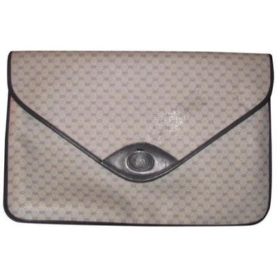 1970's -1980's Gucci Navy Blue Micro Guccissima Print Coated Canvas & Navy Leather Vintage XL: * For sale is a vintage, Gucci, small G logo print coated canvas and navy leather, extra large, envelope top, clutch purse with top snap closure! It is a classic style that would be a great used as a 