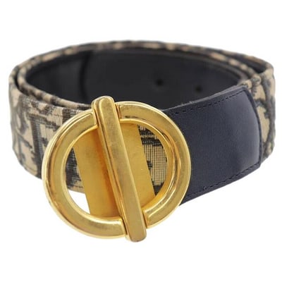 Dior Blue Trotter Print Belt w Gold CD Buckle: For sale is an early, Christian Dior trotter print canvas in shades of blue and navy leather belt with a 2.25" round, gold CD buckle, a hook that slides into a hole to secure it, and three holes at 35