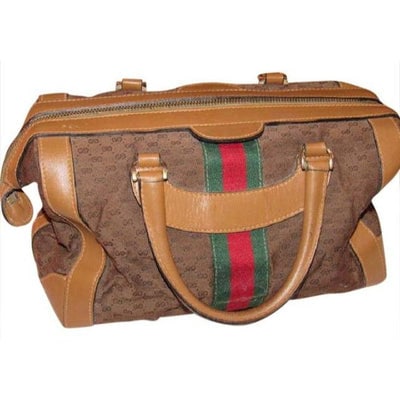 Gucci Vintage Dark Brown Small G Logo Print Fabric And Camel Leather With Red: For sale is a vintage, early Gucci, brown micro Guccissima print fabric and camel leather, XL satchel or Boston/Speedy bag with red/green center stripe accent around the bag! This is a super rare purs