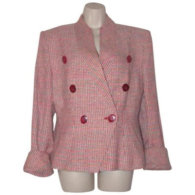 Dior Pink Turquoise Red And White Tweed Vintage Blazer: *** Skirt is for sale in another ad! *** For sale is a fabulous, Christian Dior, vintage, size 10, structured, pink, red, turquoise blue, and white, tweed, blazer with a structured, double-breasted cu