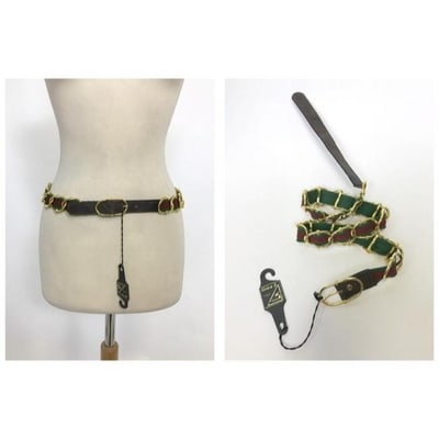 Italian NWT Red Green Stripe Gold Chain & Leather Sherry Belt: STRAIGHT FROM ITALY!!! For sale is a new old stock, Linea 3 Italia, gold tone chain belt with a red and green striped ribbon woven through it and brown leather on both sides - one that the buckle is a
