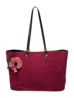 Fendi dark red wool & leather roll tote with a leather flower accent: For ale is a Fendi dark red wool & leather roll tote with a leather flower accent, graduated shape, footed bottom, long, flat leather handles in black, & lots of room! This timeless, iconic ba