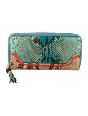 Gucci Blue Python Continental Wallet: Gucci Continental Wallet Multicolor Python Animal Print Silver-Tone Hardware Leather Trim Tassel & Bamboo Accents Nylon Lining & Single Interior Pocket with Card Slots Exposed Zip Closure ----