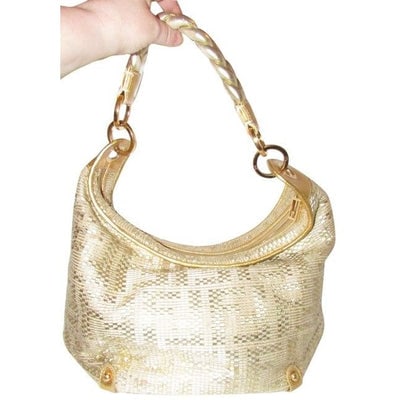 Fendi Gold Leather With Woven Zucca Design XL Hobo Bag: For sale is a Fendi, gold leather, extra large, satchel style hobo shoulder purse with the FF logo design woven throughout, a thick, braided leather shoulder strap, a zip top closure, a large gold 'FF