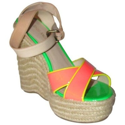 Enzo Angiolini Pink Yellow Green and Taupe Leather Wedge Sandals: For sale is a pair of Enzo Angiolini 'Eanomas' style, NIB, neon pink, green, and orange patent leather and taupe leather, ankle wrap, size 8, jute sole wedges! These are the perfect fun pair of wedges