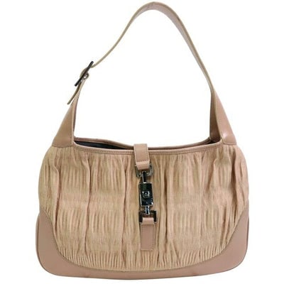 Gucci Jackie Shoulder Purse Pink Ruched Fabric And Pink Leather Hobo Bag: For sale is a Gucci, Jackie- O style, medium size, hobo bag, made in a hard to find, pink ruched fabric and pink leather with a chrome push button closure! It is a the classic mod style Jackie from