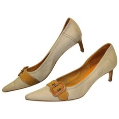 Miu Miu, size EU 39.5/9.5B US, khaki canvas and orange leather, squared, pointy toe, heels with 2" (1 of 4)