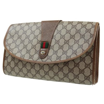 Gucci Accessory Collection Brown Guccissima Print XL Clutch w Red & Green Stripe: * For sale is a Gucci, brown leather/large G logo print coated canvas & red/green striped accent, envelope top, clutch purse with top snap closure! It is a classic style that would be a great used