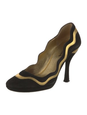 Prada black suede heels with gold wavy accent in size 6.5 with box: Prada black suede heels with gold wavy accent in size 6.5 with box