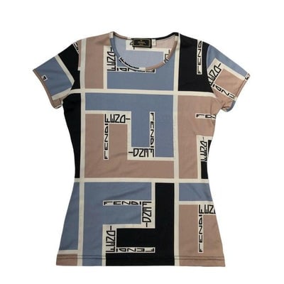 Fendi Blue Brown Black Zucca Logo Print Blouse: For sale is a fabulous, Fendi, size 40/small, blue, brown, black, and white top with short sleeves, a wide, scoop-neck, bold FF Zucca print, and the FENDI logo throughout! This top by Fendi has an edg