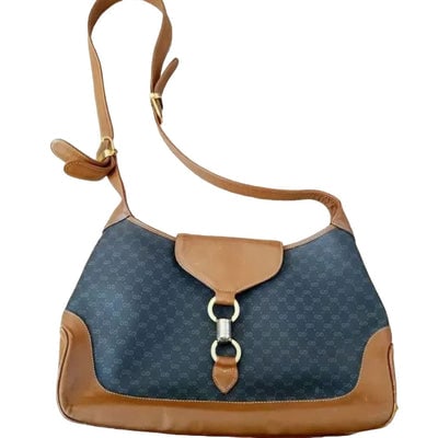 SUPER RARE! Original Gucci, 1961 Jackie, micro Guccissima print & camel color leather hobo style: For sale is an extra large, original Gucci, 1961 Jackie hobo style shoulder bag, made in hard to find, midnight blue (it looks bluish black, to me) micro Guccissima print canvas and camel color leathe