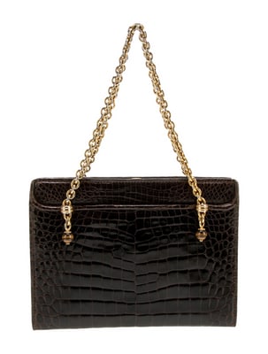 Gucci crocodile Kelly bag w gold chain straps & tiger's eye accents!: For sale is a 1950's to 1960's mod Gucci, unique, brown crocodile leather, top handle Kelly style bag with beautiful, gold chain accents inlaid with tiger's eye cabochon stones attaching the straps, a