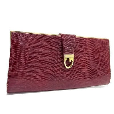 Gucci burgundy red lizard reptile leather two-way clutch w gold chain strap: ONE OF A KIND STYLE! *For sale is a rare, 1960's, AMAZING, Gucci, mod, dark red, lizard skin leather, hinged opening, two-way- clutch or shoulder bag style purse with a collapsible/removable gold