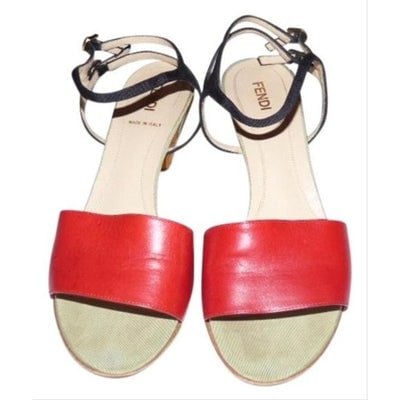 FENDI Red, Black, & Pale Green Leather Sandals with Cork Heels: For sale is a pair of Fendi, size 7.5M, unique, vintage, mule toe and strappy 3" cork heel sandals! These are such great sandals- there is red leather at the toes while at your heels is a double, two 