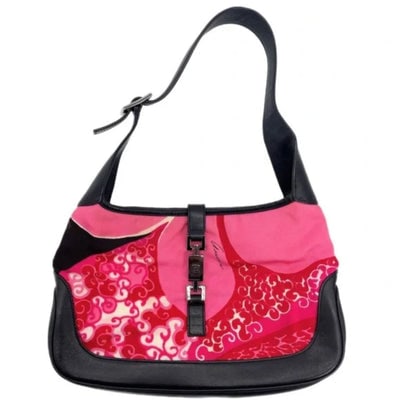 RARE, Tom Ford 1999 Gucci, pink & red 60's abstract floral print & black leather, Jackie hobo style (1 of 4)