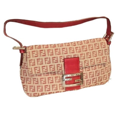 Fend red Zucchino print baguette bag w chrome FF clasp: For sale is a RARE, vintage, Fendi, red Zucchino print on beige canvas baguette style shoulder bag with red leather, a chrome FF logo clasp, an envelope top, snap closure, chrome hardware, and an adju