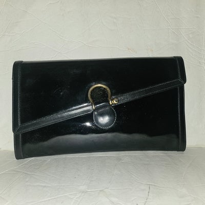 Gucci black patent leather XL asymmetrical envelope top clutch with a gold equestrian accent: ONE OF A KIND VINTAGE GUCCI! For sale is a vintage, GUCCI, early, black patent leather, extra large, asymmetrical envelope top clutch with a gold equestrian accent! This is a fabulous and rare style b