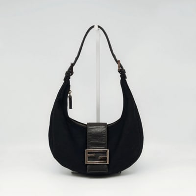 Fendi black crescent shaped baguette bag with chrome hardware - Iconic!: For sale is an iconic Fendi black crescent shaped baguette bag with chrome hardware, a timeless piece that seamlessly transitions from day to night. This coveted style features the signature FF snap c