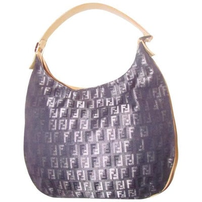 Fendi Style Shoulder Purse Zucchino Or Small F Logo Print Canvas In Shades Of Blues And Grey And Cam: For sale is a Fendi, blue, grey, and purple Zucchino print canvas and camel leather, uniquely shaped, hobo style, top zip purse with gold hardware! It is a unique color combination in a must have, cla