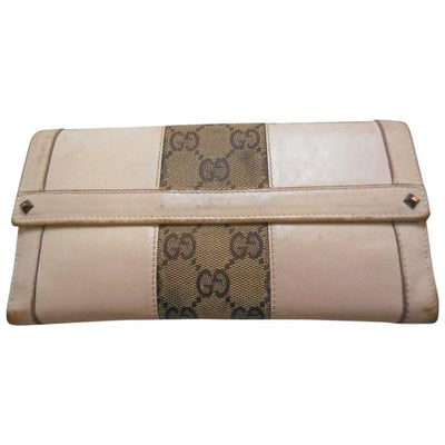 Gucci Pink Leather Brown G Print Guccissima Canvas Wallet: For sale is a Gucci, pale pink leather, XL bi-fold style, checkbook size wallet with a brown large G logo canvas center, lots of slots for cards, cash, and a checkbook, a snap clasp change purse, and 