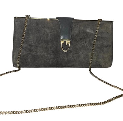Gucci grey suede hinged top two-way bag w gold chain strap!: ONE OF A KIND STYLE! *For sale is a rare, 1960's, AMAZING, Gucci, mod, grey suede, hinged opening, two-way- clutch or shoulder bag style purse with a collapsible/removable gold chain strap, a sleek li