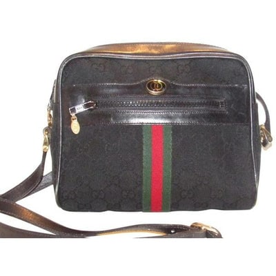 Gucci Ophidia Shoulder Guccissima Canvasleather Crossbodyshoulder With Stripe Black Logo Printred An: For sale is a Gucci, original Ophidia, black Guccissima print canvas and black leather, cross body/shoulder bag with an exterior, zip closure pocket, gold, engraved Gucci hardware, and red and green c