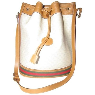 Gucci Vintage Pursesdesigner Purses Camel Small G Logo Print On Ivory Coated Canvas And Camel Leathe: For sale is a Gucci, camel brown micro Guccissima logo print on ivory coated canvas and camel leather, XL, drawstring top, bucket shaped satchel style shoulder bag with a red and green stripe at the b