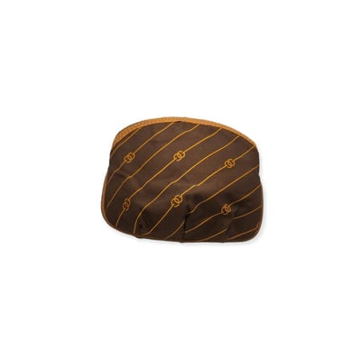 Vintage Gucci, orange diagonal logo print on brown fabric & camel leather, oval, cosmetic pouch: For sale is a vintage Gucci, orange diagonal logo print on brown fabric & camel leather, oval, cosmetic pouch, with a zip top and expandable bottom! It is a quality classic purse accessory from Gu