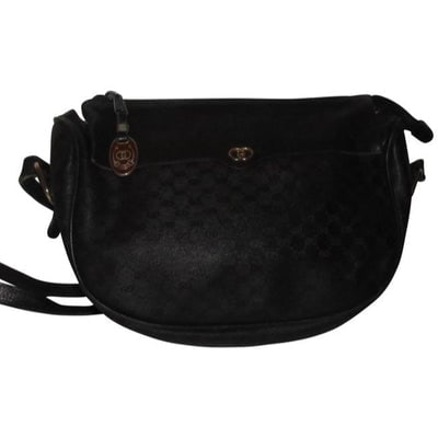Gucci Vintage Black Crossbody Shoulder Bag Small G Logo Print Coated Canvas Leather: For sale is a vintage, Gucci, black small logo design coated canvas & black leather, half moon shape, cross body/shoulder bag with a unique, Gucci 'GG' enamel, horse-bit accent zipper pull! This is a 