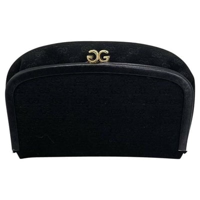 Gucci Vintage Boxy Hinged Top Black Micro Guccissima Print Silk And Leather Clutch: One of a kind vintage Gucci, purse! For sale is a rare, AMAZING, mod, Gucci, black micro Guccissima print silk and leather clutch style purse with a hinged opening, sleek linear, gold and fabric top, 