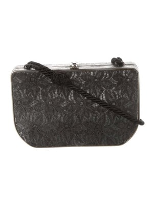 Fendi black floral lace print & chrome metal mini two-way evening bag: For sale is a vintage Fendi black metal evening bag with silver-tone hardware, a single shoulder strap, satin lining, a single interior pocket, & a snap closure at the top. Dimensions: Shoulder St