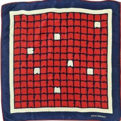 Balmain Red White Navy Logo Print Scarf: For sale is a RARE, Pierre Balmain, ~33" square, silk scarf with rolled edges, a unique abstract logo design in red, navy blue, and white, and a geometric look! This scarf by Pierre Balmain creates a 